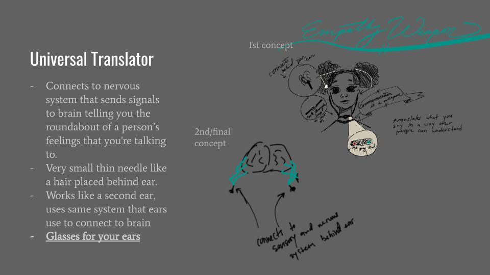 A presentation slide labeled "Universal Translator," with the bullet points "Connects to nervous system that sends signals to the brain telling you the roundabout of a person's feelings that you're talking to," "Very small thin needle like a hair placed behind ear," "Works like a second ear, uses same system that ears use to connect to brain," and "Glasses for your ears." Alongside the text are a first and second concept drawing showing the device.