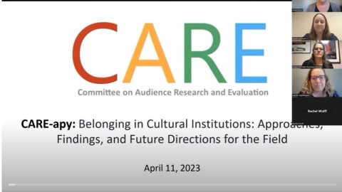 Title slide with CARE in colorful letters and the name of the webinar CARE-apy: Belonging in Cultural Institutions: Approaches, Findings & Future Directions for the Field