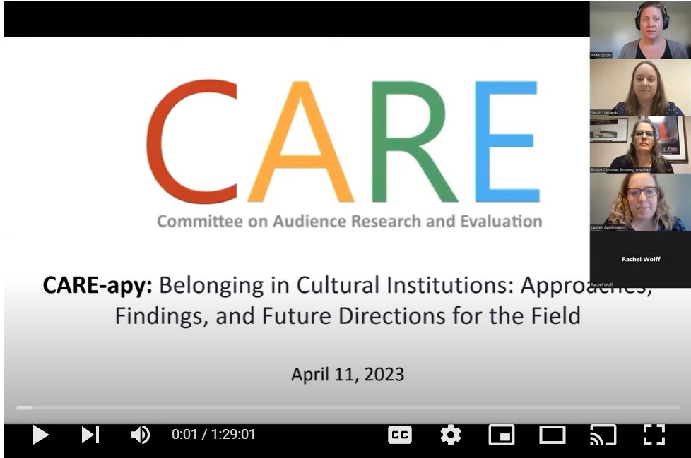 Title slide with CARE in colorful letters and the name of the webinar CARE-apy: Belonging in Cultural Institutions: Approaches, Findings & Future Directions for the Field