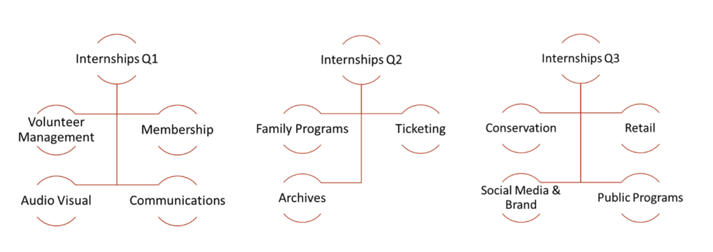 A chart showing that the museum offered internships in volunteer management, membership, audio visual, and communications in Q1; family programs, ticketing, and archives in Q2; and conservation, retail, social media & brand, and public programs in Q3