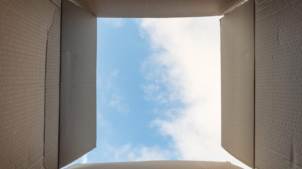 A photo from inside a brown cardboard box, with a cloudy sky visible through the opening