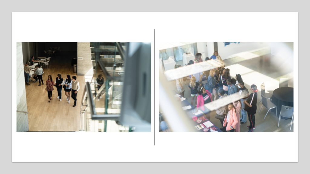 Left: A group walks toward a staircase. View is looking down from the landing. Right: A large group of people stand chatting and looking at pamphlets on tables.