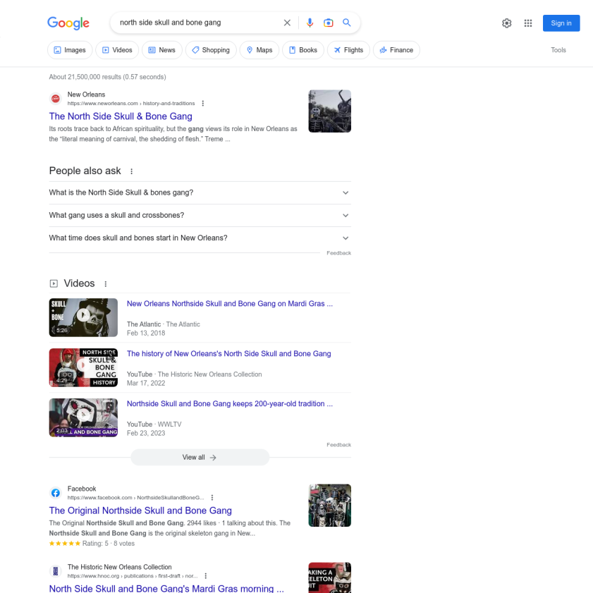 Google results for "north side skull and bone gang," with HNOC's video showing up on the first page