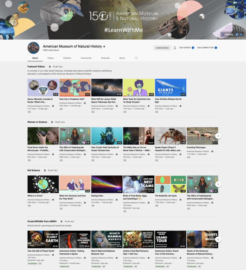 YouTube profile of the American Museum of Natural History, with sections for featured videos, "Women in Science," "Kid Science," and "#LearnWithMe from AMNH"