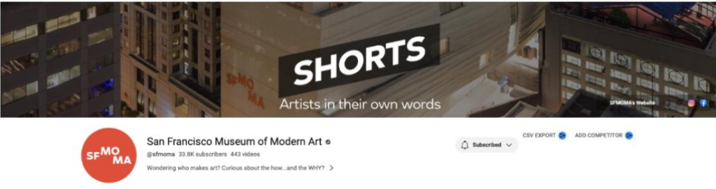 SFMOMA’s banner features an aerial photo of its building with a logo and tagline for its “Shorts” programming