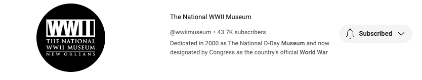 The profile picture of The National WWII Museum's YouTube channel shows its logo on a white background