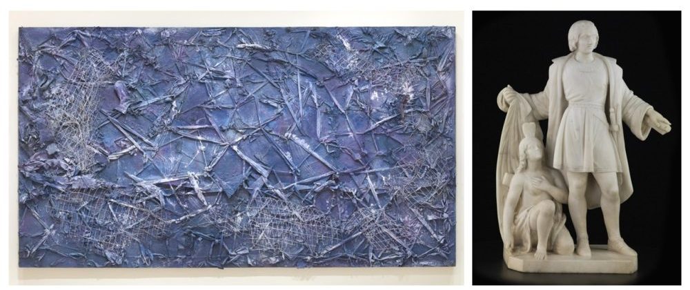 On the left is a blue tone painting with areas in relief on the right is a marble statue. 