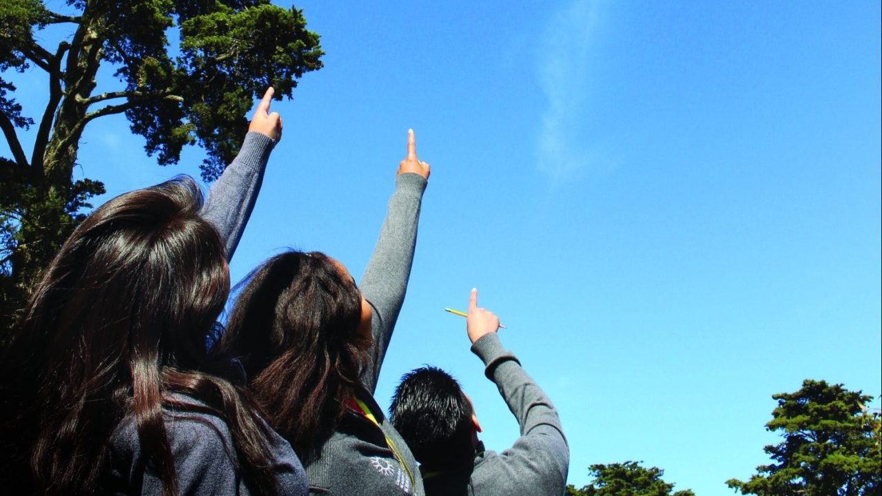 Three people look up and point to a clear blue sky with a white plane chemtrail visible.