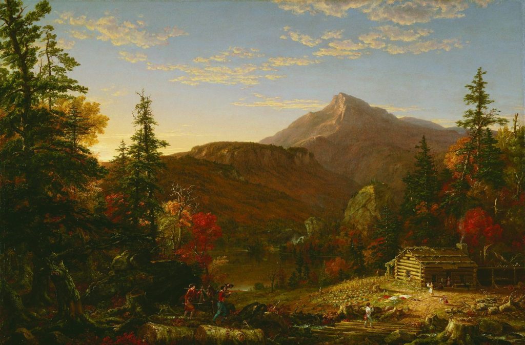 Thomas Cole painting titled The Hunter's Return. A mountain stands in the distance beneath a cloud dotted blue sky with the sky lightening the sky just behind. A small cabin sits in the valley with various colorful trees in the foreground. 