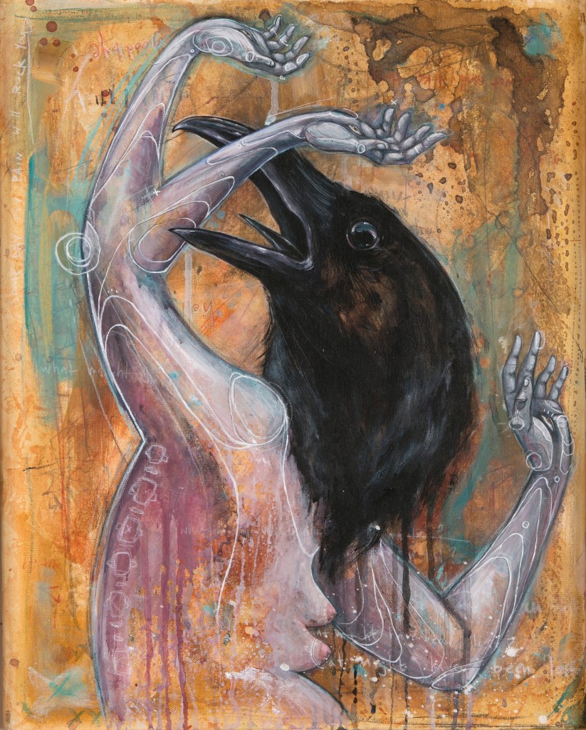 A painting of a subject with the body of a human and the head of a crow, with doubled limbs and arms outstretched