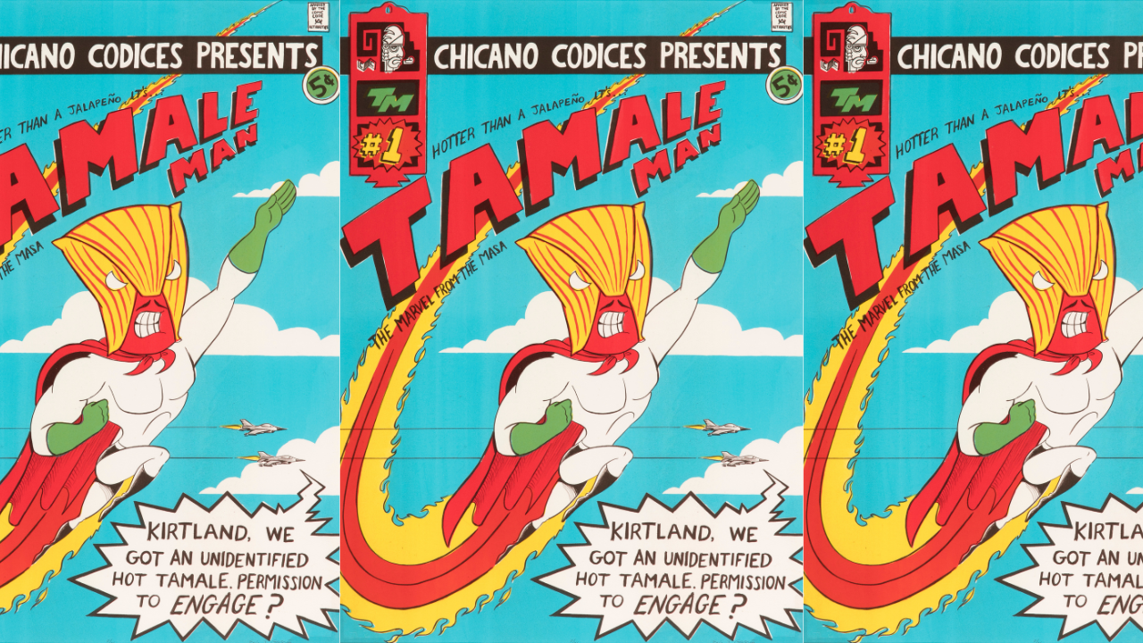A painting resembling the cover of a comic book with a brown-skinned superhero named Tamale Man who wears a mask resembling a tamale wrapper.