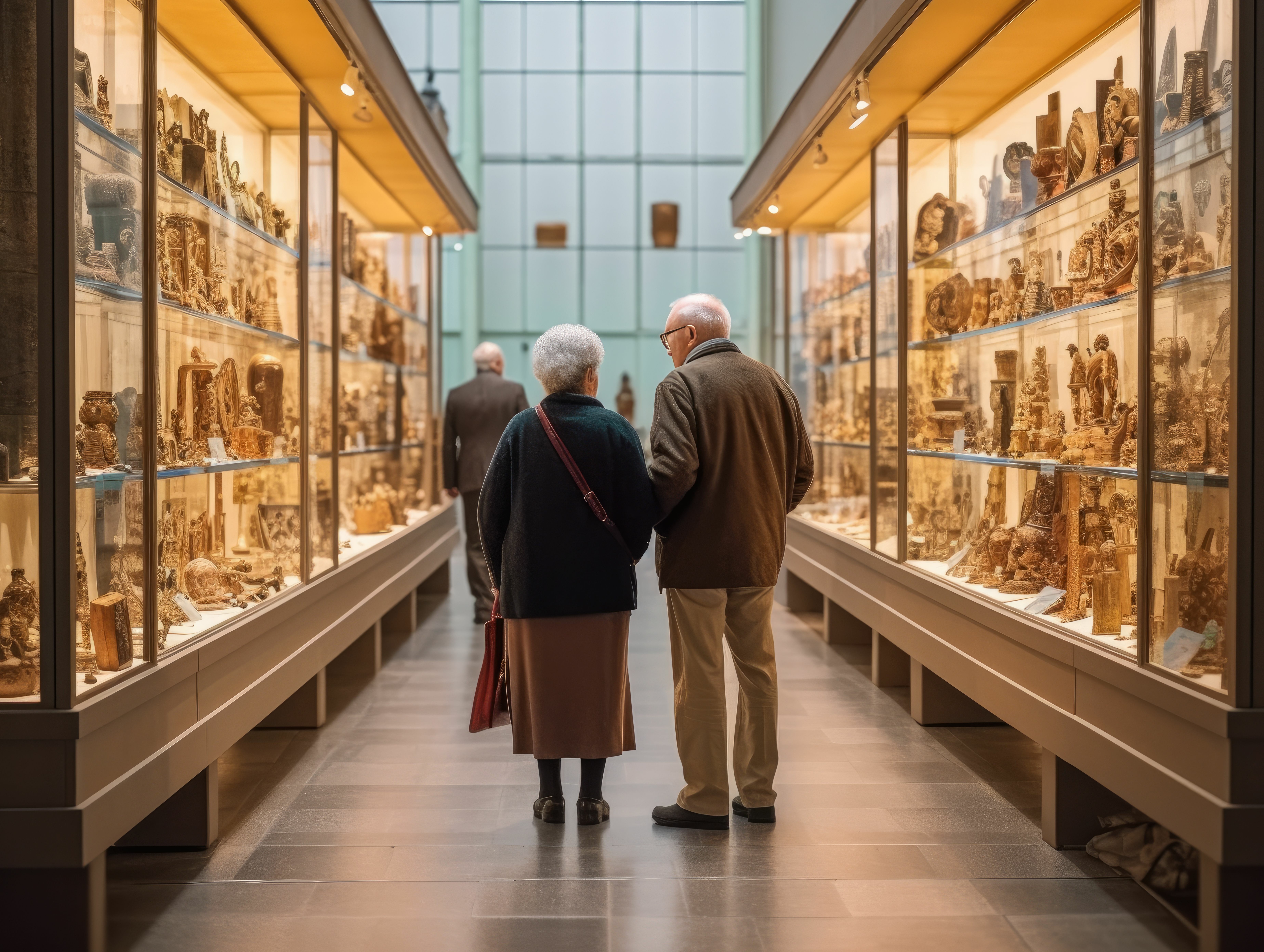 two elderly people walking through an exhibit
