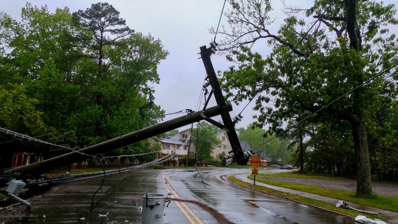 A street with a powerline and trees knocked over after a storm