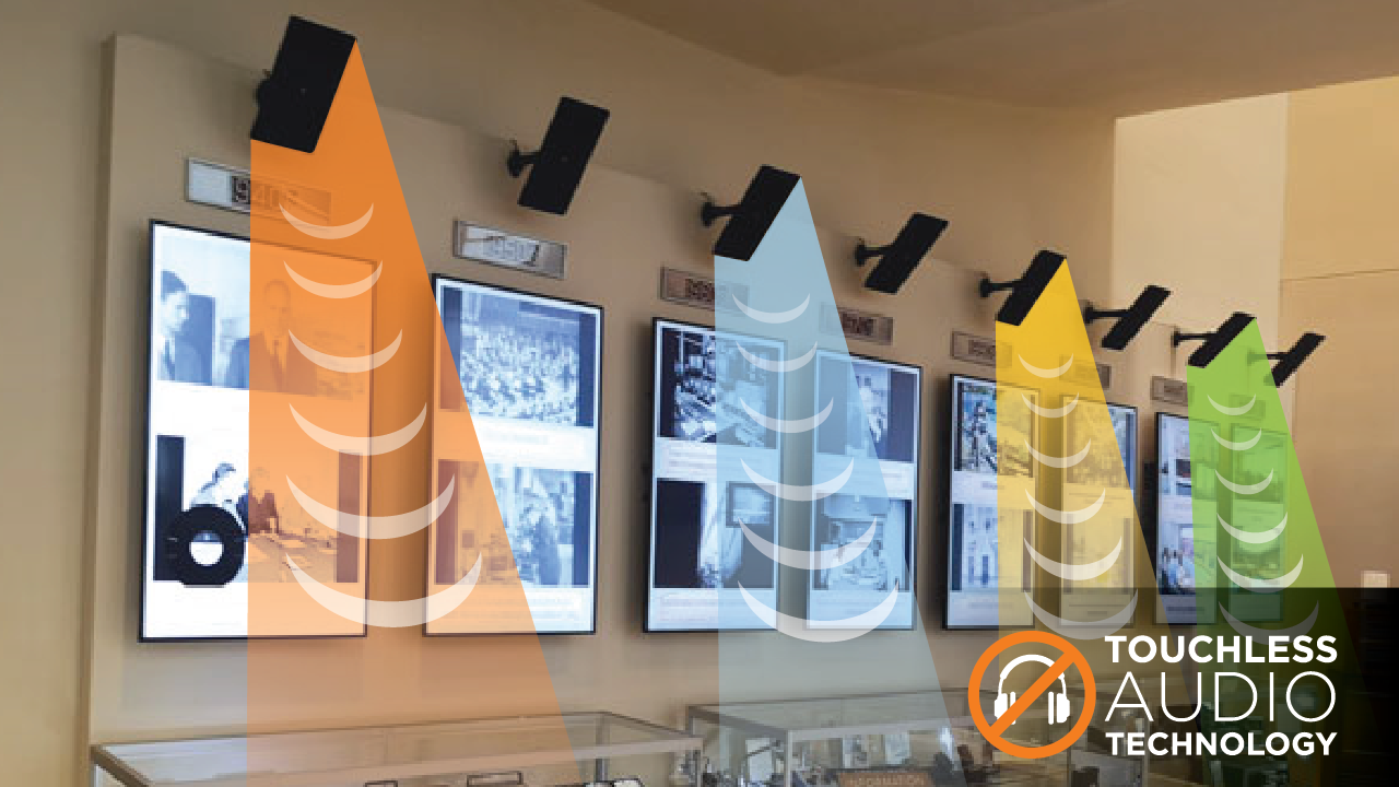 An array of video display panels with speakers above them and an illustration of colored sound waves beaming from each one