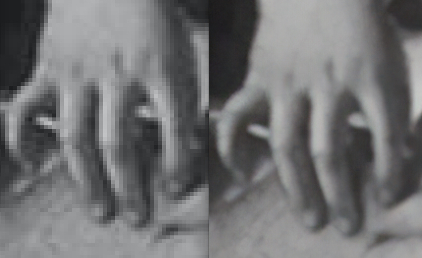 A composite photo of a heavily pixelated detail of a hand compared to a clearer version