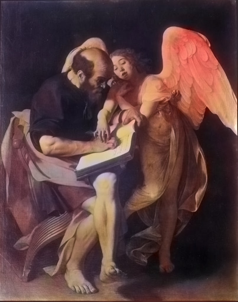 A machine-learning-generated reproduction of a painting showing a man looking at a book next to an angel