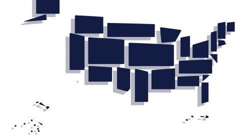 Navy blue rectangles in the shape of the United States scatter across a white background.