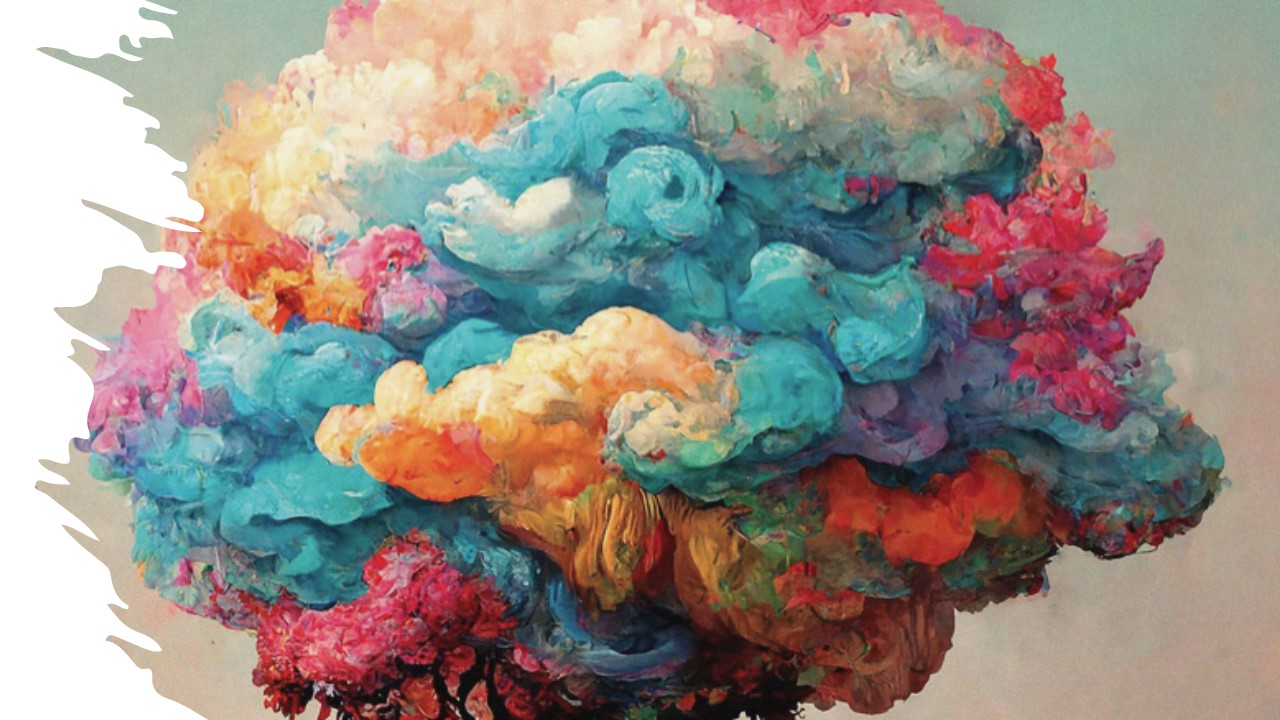 Painting of a colorful tree with blues, yellows, reds, pinks, and purples.