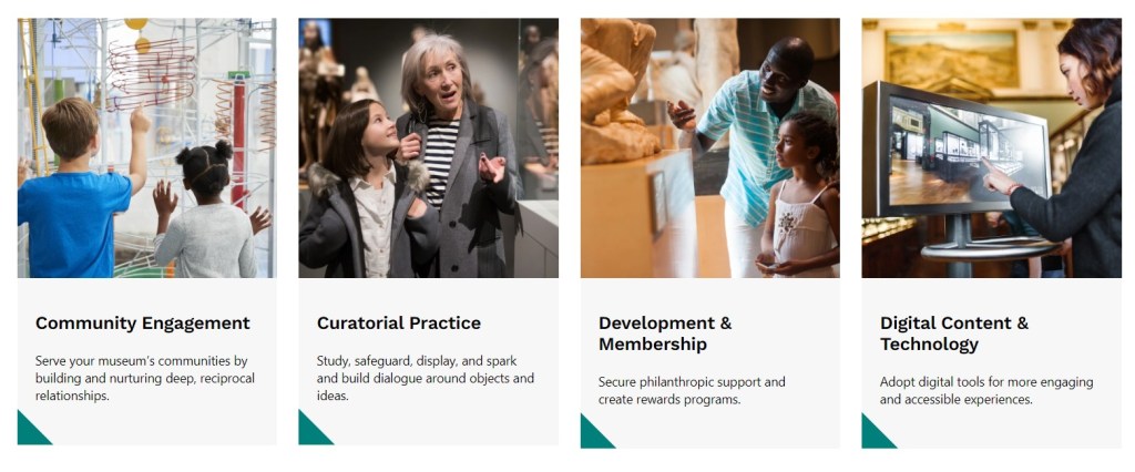 An array of topics including "community engagement," "curatorial practice," "development & membership," and "digital content & technology," with images and blurbs describing them.