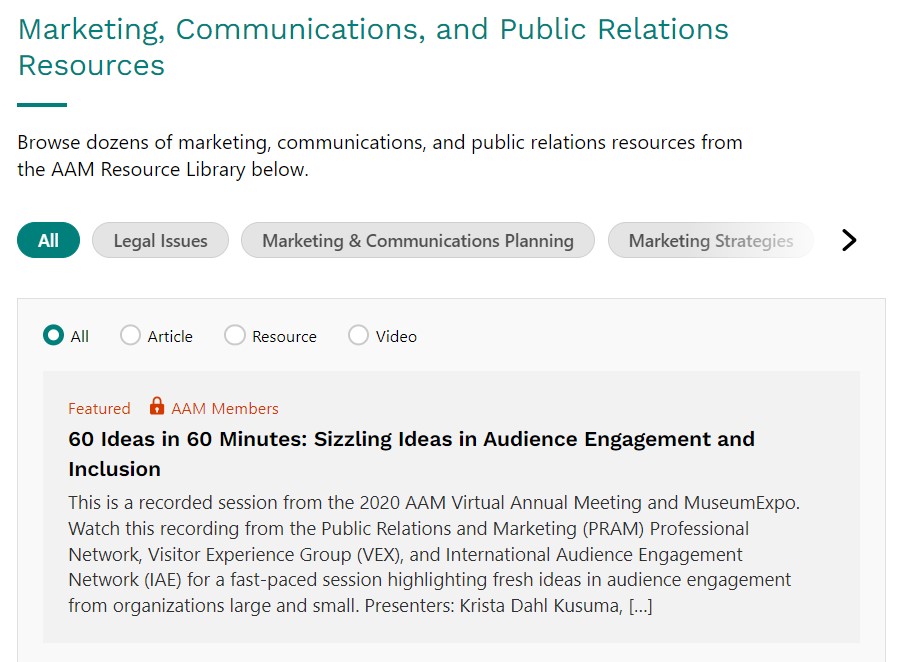 An interactive menu for marketing, communications, and public relations resources, with the option to choose from sub-topics and filter by "article," "resource," or "video."