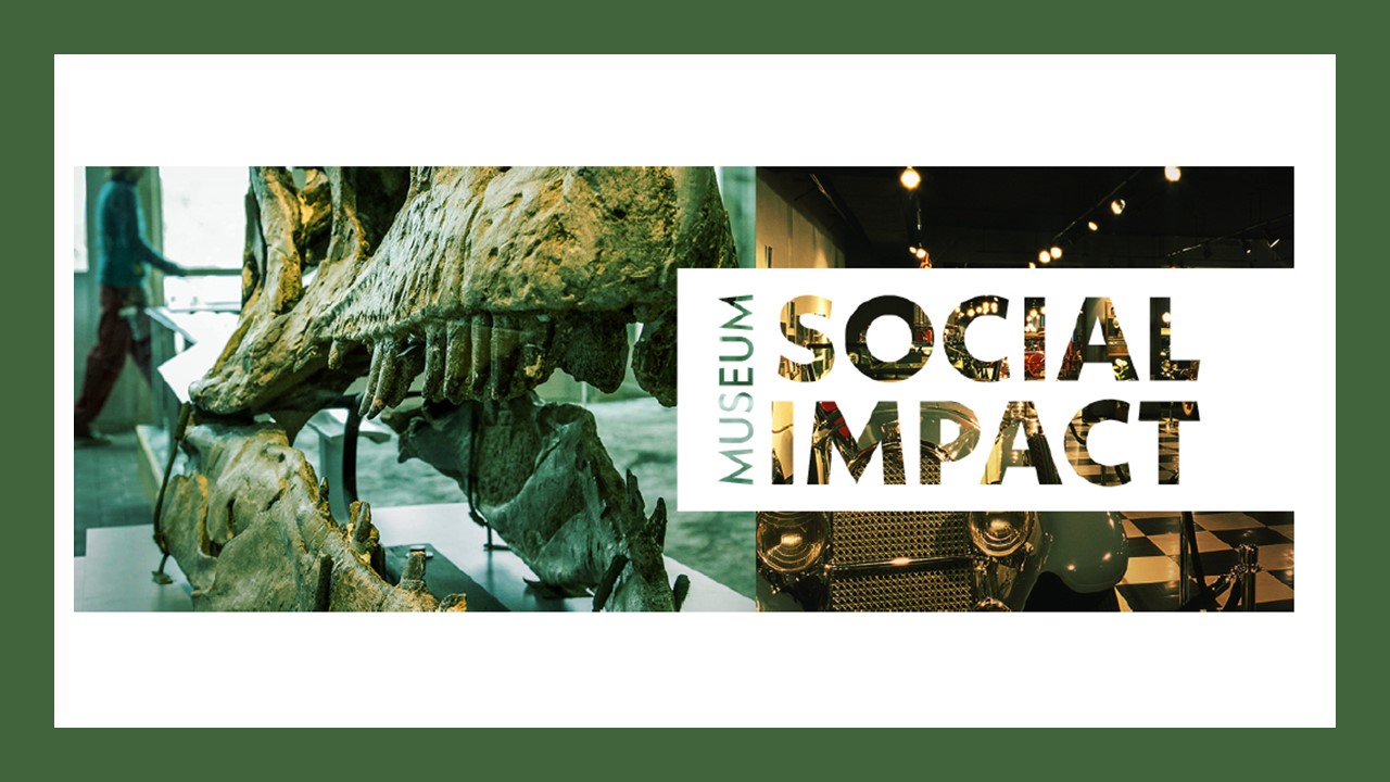 The skeleton of a Tyrannosaurus Rex with an open jaw next to the words "Museum Social Impact"