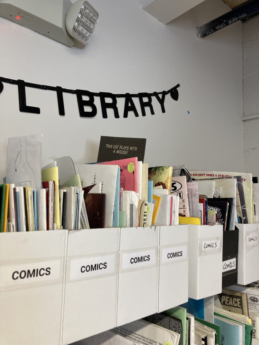 Magazine racks on a shelf labeled "comics" and filled with publications