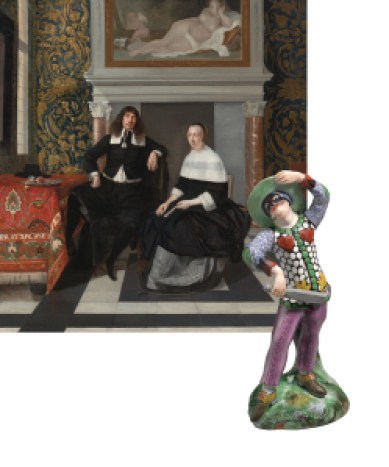 An oil painting of a man and woman in dark clothes sit in an elaborately decorated room. A ceramic jester/clown figurine is juxtaposed in front of this portrait. 