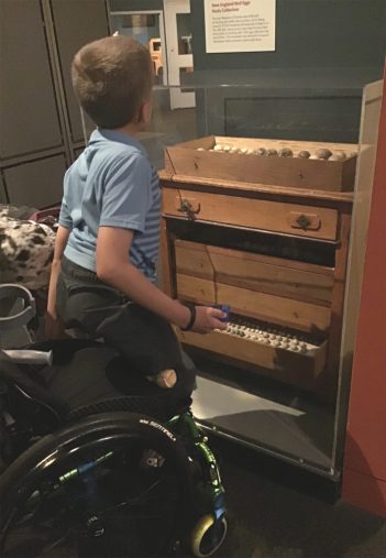 A young person in a wheelchair looks at a wooden chest behind a Plexiglas case.