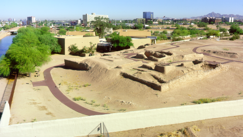 Overview of va'aki (platform mound) and surrounding site with museum in the background, S'edav Va'aki Museum.