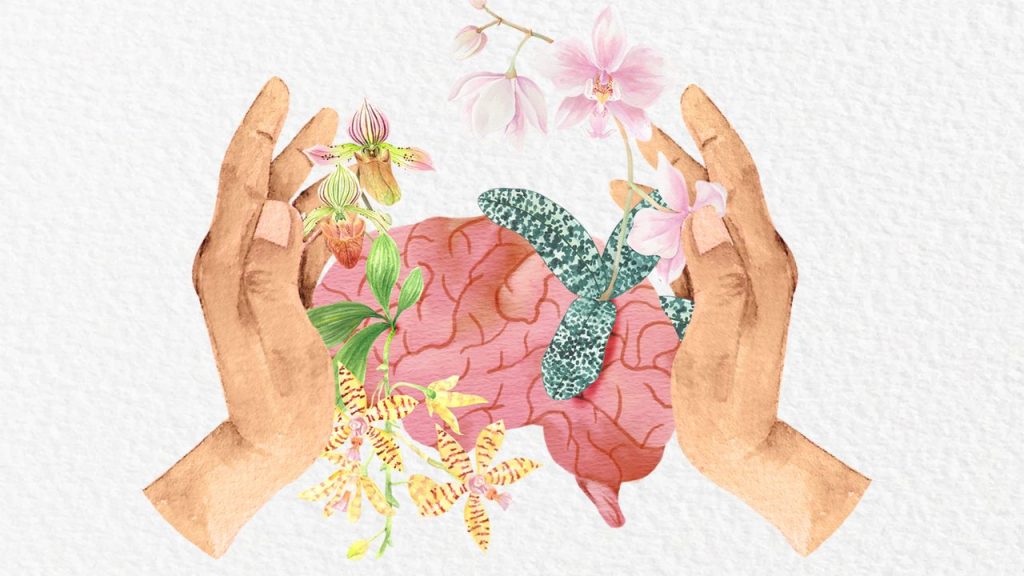 An illustration of hands holding a brain with flowers growing from the folds