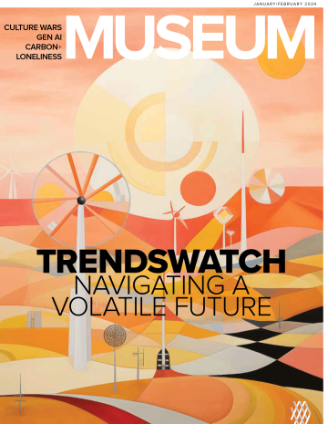 Cover of the January/February Museum magazine TrendsWatch Navigating a Volatile Future; An AI generated image of rosey colored windmills in the style of Klimt. 
