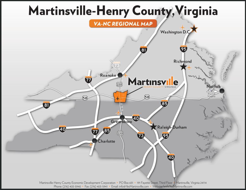 A map labeled "Martinsville-Henry County, Virginia, showing the county's location in relation to Roanoke, Greensboro, Charlotte, Raleigh-Durham, Richmond, Norfolk, and Washington, DC.