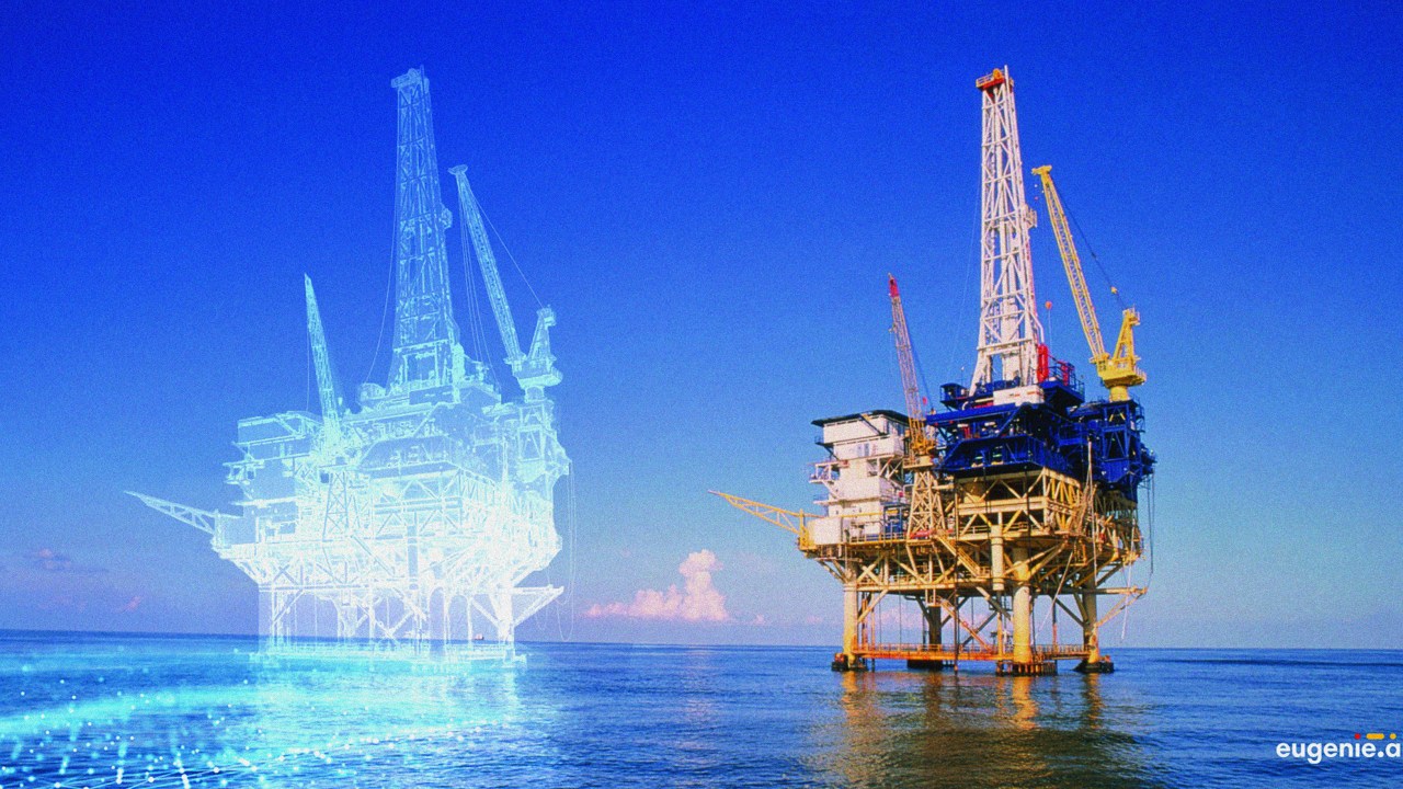 A oil rig sits in the open ocean with a digital double outlined in white to the left of the physical rig.