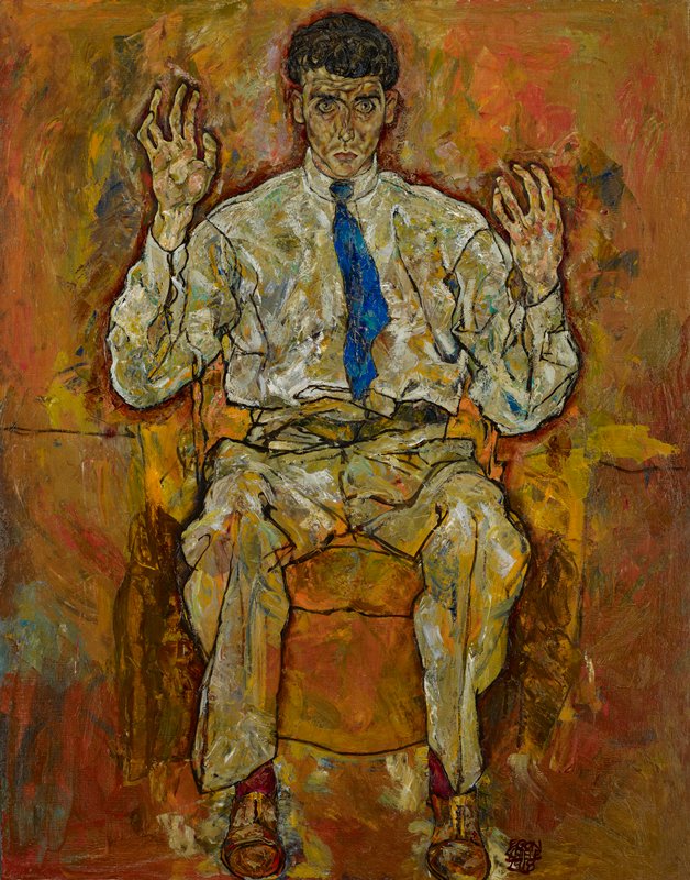 A oil painting portrait of Albert Paris von Gütersloh sitting in a chair with his hands up.
