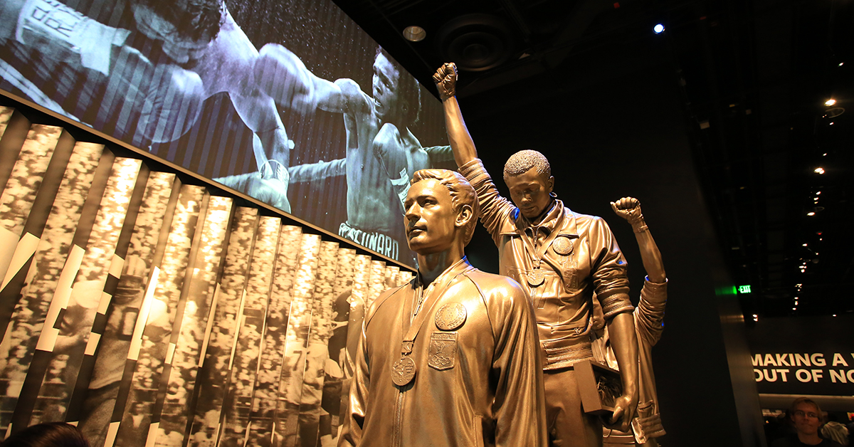 A statue representing the protest by U.S. black athletes at the Mexico City Olympic Games is on display at National Museum of African American History and Culture in Washington, DC.