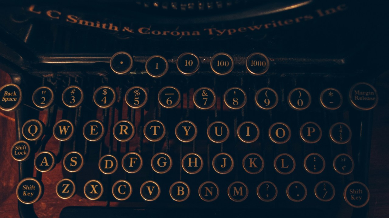 Closeup of a Smith & Corona typewriter keyboard.