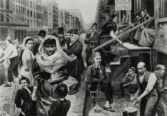 A black and white drawing depicting a crowd of Syrians in a city street.