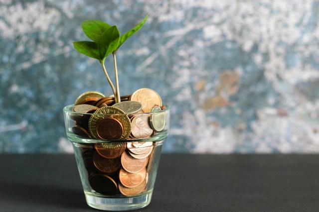 A glass containing a number of different types of coins has a small budding plant growing from it.