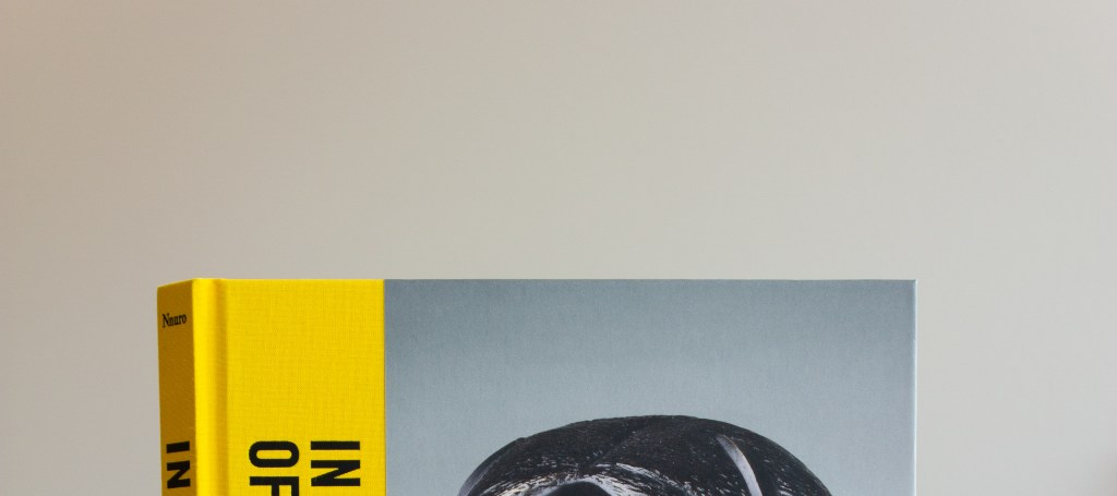 A stack of books with the title "In a Time of Witness" on the spine and cover, advertising a foreword by Marilynne Robinson and featuring a black sculpture of a human face