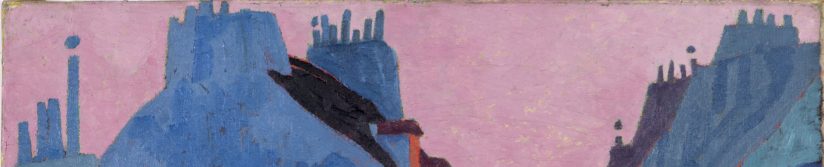 A painting of a stylized urban street scene in a predominately blue palette