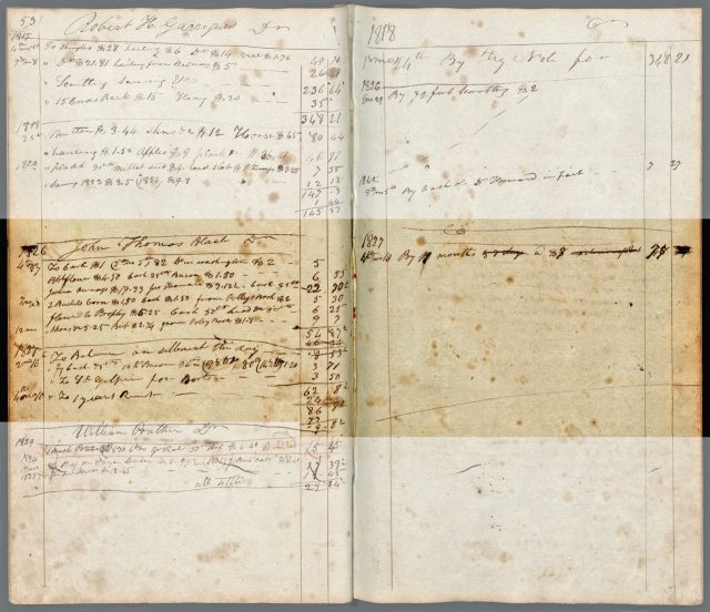 A book with handwritten notes and writing, a page from Roger Brooke’s ledger.