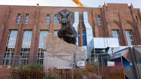 The exterior of the Yale Peabody Museum with a Torosaurus (dinosaur) standing on a rock in front.