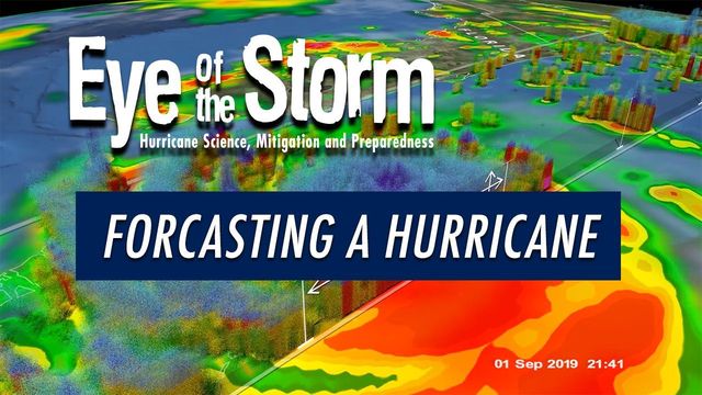 Schematic of a hurricane with "Eye of the Store" and "Forcasting a Hurricane" overlaid on top. 