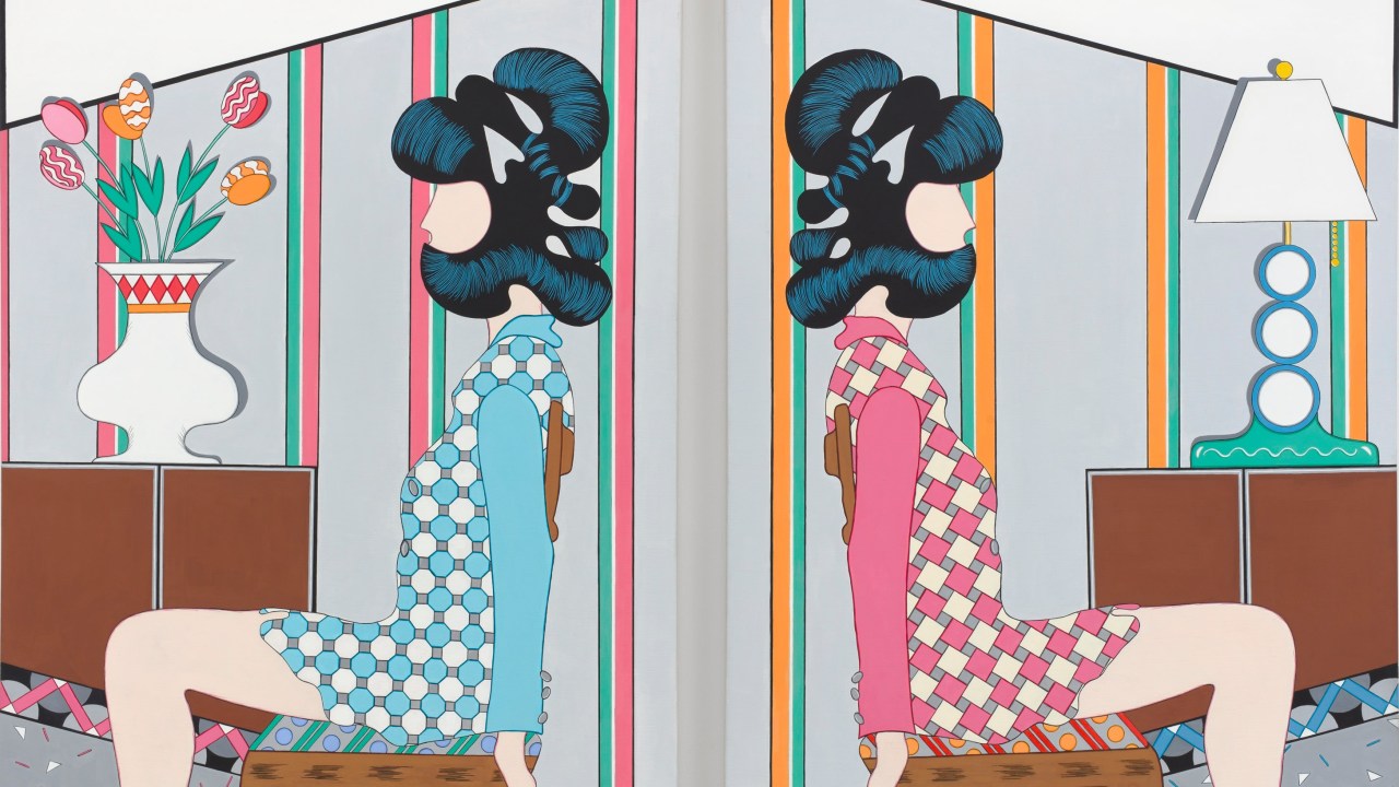 Etching of two women sitting on chairs in a pop art style each with the same hair and body but wearing different colored dresses.