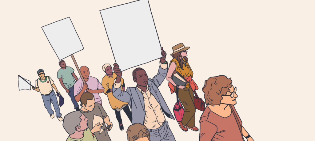 An illustration of people marching with blank protest signs