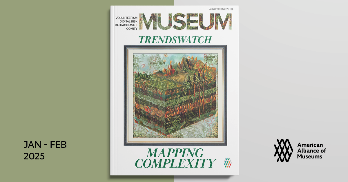 The cover of Trends Watch: Mapping Complexity showcasing a framed intricate image of a geological formation interwoven with biological and animalistic features; the landscape seems to be alive and pulsating. Text to the left of the cover says January February 2025. The AAM logo is on the right.