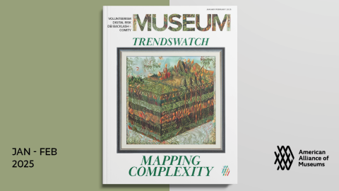 The cover of Trends Watch: Mapping Complexity showcasing a framed intricate image of a geological formation interwoven with biological and animalistic features; the landscape seems to be alive and pulsating. Text to the left of the cover says January February 2025. The AAM logo is on the right.