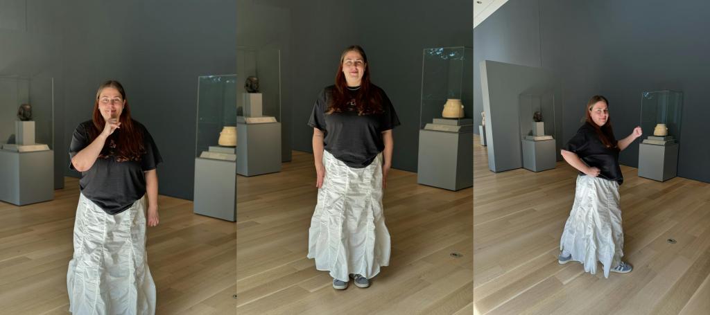 A composite of three photos of a person holding a hand over their lips, standing with their arms at their sides, and positioning their arms as if about to run.