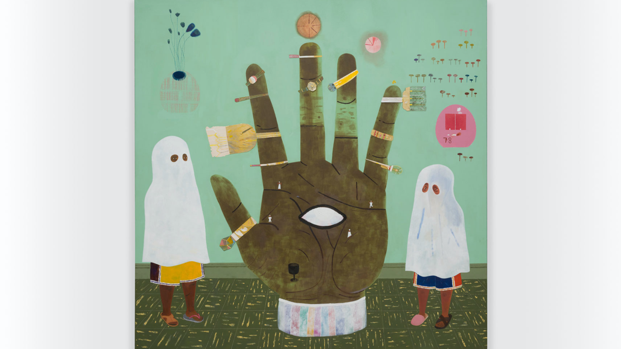 Drawing of a large hand with various rings on each finger standing on each side of the hand are two children dressed as ghosts with sheets over their heads.