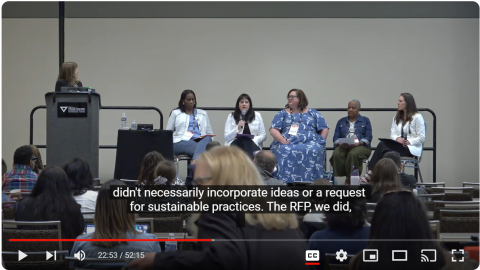 A group of six women sit and stand on a stage during a session at the Annual Meeting.